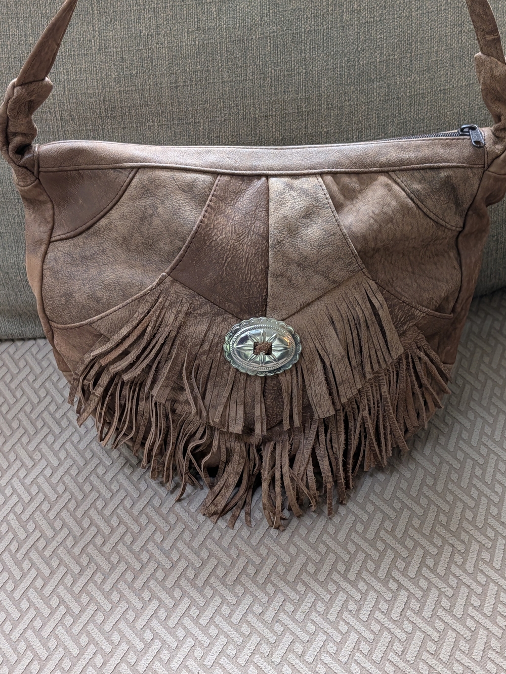 Brown Fringe Shoulder Bag with Silver Concho Accent